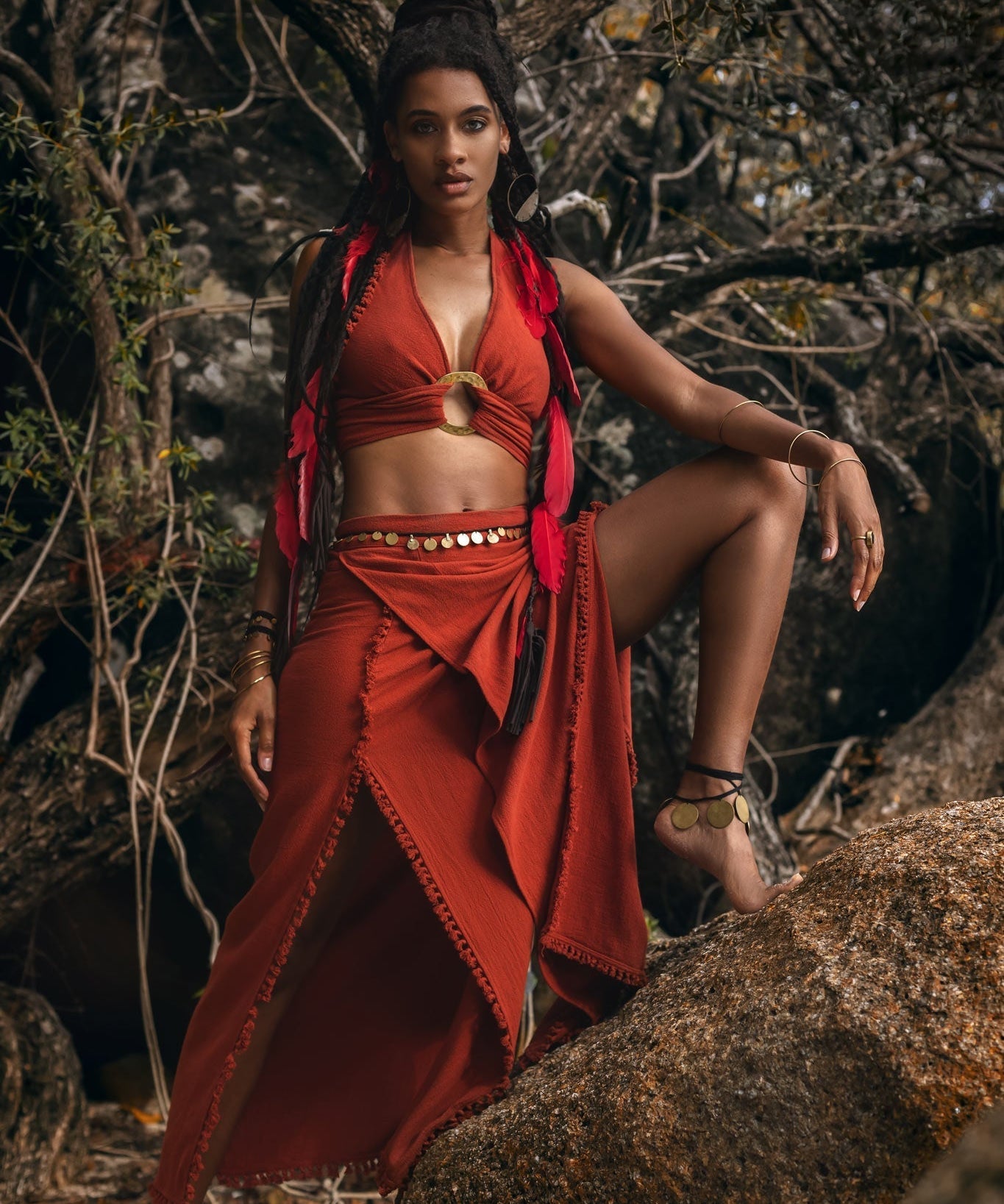 Red Boho Crop Top • Bohemian Top with Handmade Knots - AYA Sacred Wear
