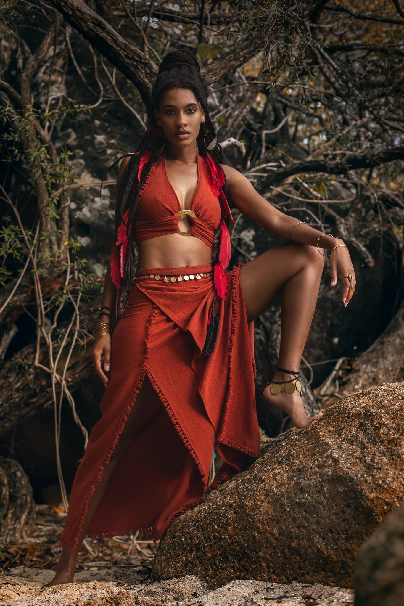 Red Boho Crop Top • Bohemian Top with Handmade Knots - AYA Sacred Wear