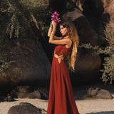 Red Goddess Dress • Fairy Tale Maxi Dress For Women • Cross Open Belly Back Dress - AYA Sacred Wear