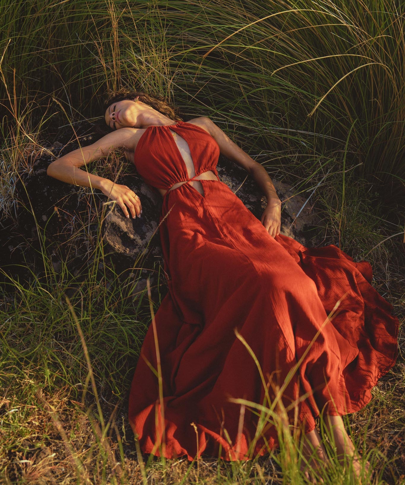 Red Goddess Dress • Fairy Tale Maxi Dress For Women • Cross Open Belly Back Dress - AYA Sacred Wear