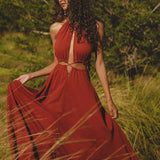 Red Goddess Dress • Fairy Tale Maxi Dress For Women • Cross Open Belly Back Dress - AYA Sacred Wear