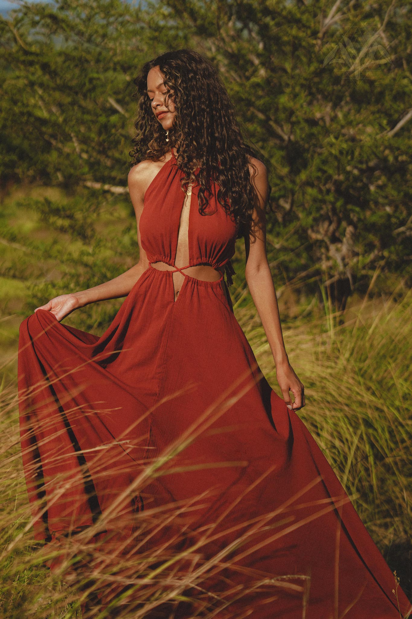 Red Goddess Dress • Fairy Tale Maxi Dress For Women • Cross Open Belly Back Dress - AYA Sacred Wear