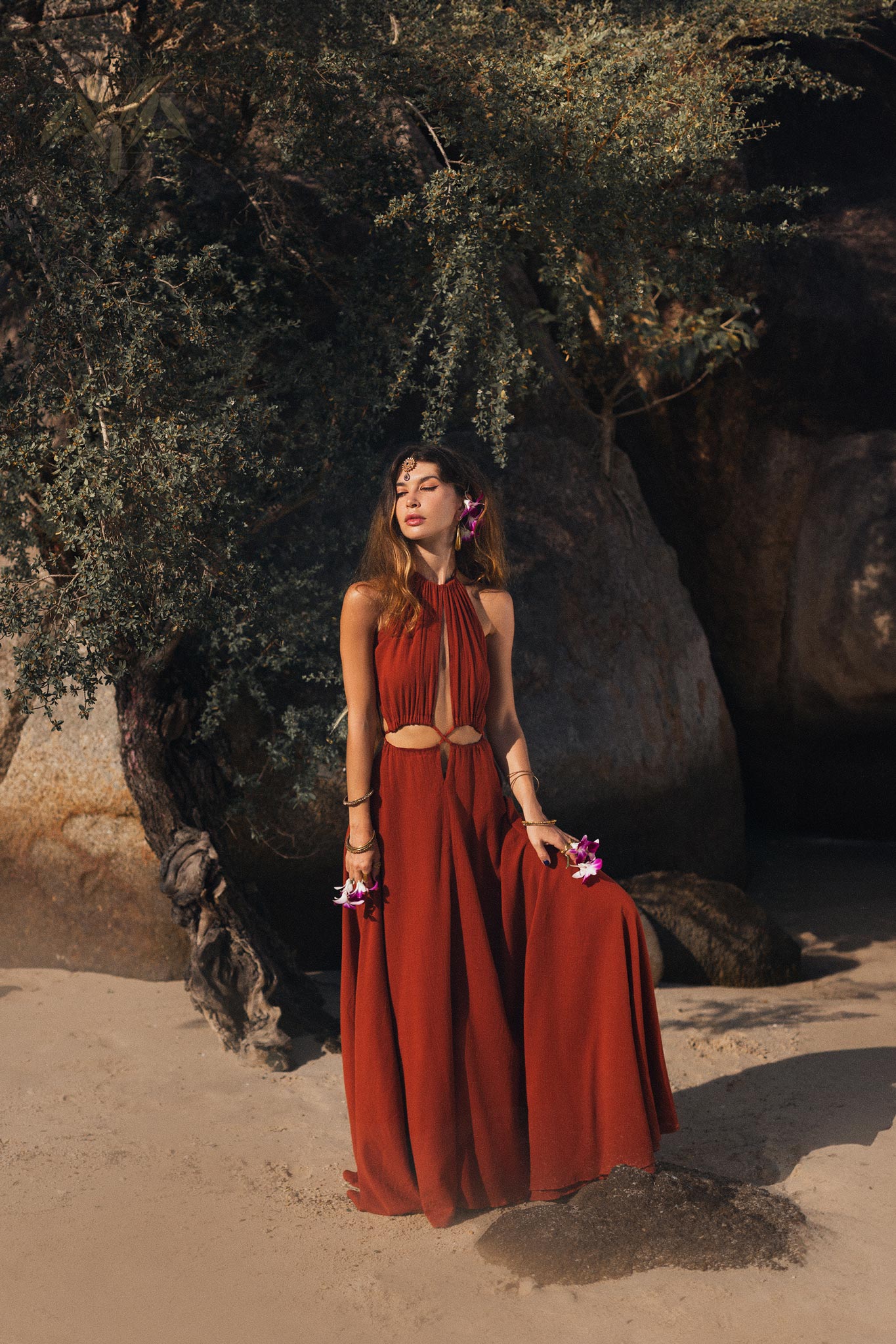 Red Goddess Dress • Fairy Tale Maxi Dress For Women • Cross Open Belly Back Dress - AYA Sacred Wear