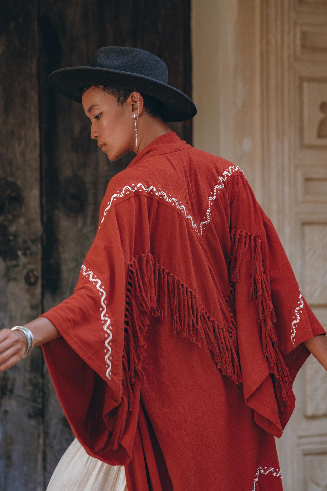 Red Organic Poncho Cape • Boho Cardigan Women • Cotton Kimono Cover Up - AYA Sacred Wear
