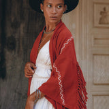 Red Organic Poncho Cape • Boho Cardigan Women • Cotton Kimono Cover Up - AYA Sacred Wear