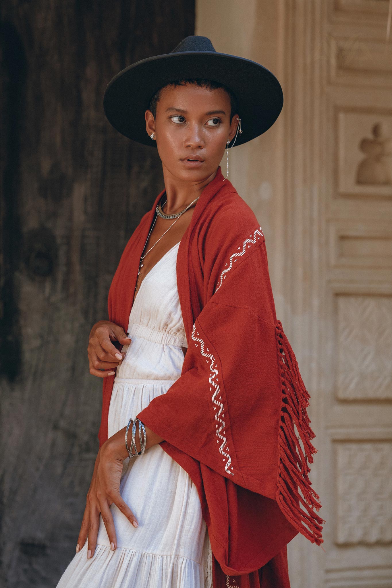 Red Organic Poncho Cape • Boho Cardigan Women • Cotton Kimono Cover Up - AYA Sacred Wear
