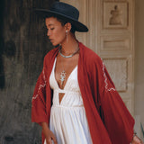 Red Organic Poncho Cape • Boho Cardigan Women • Cotton Kimono Cover Up - AYA Sacred Wear