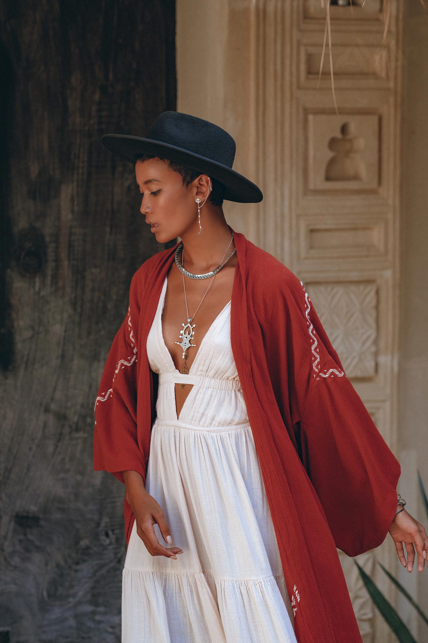 Red Organic Poncho Cape • Boho Cardigan Women • Cotton Kimono Cover Up - AYA Sacred Wear
