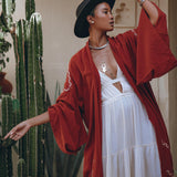 Red Organic Poncho Cape • Boho Cardigan Women • Cotton Kimono Cover Up - AYA Sacred Wear
