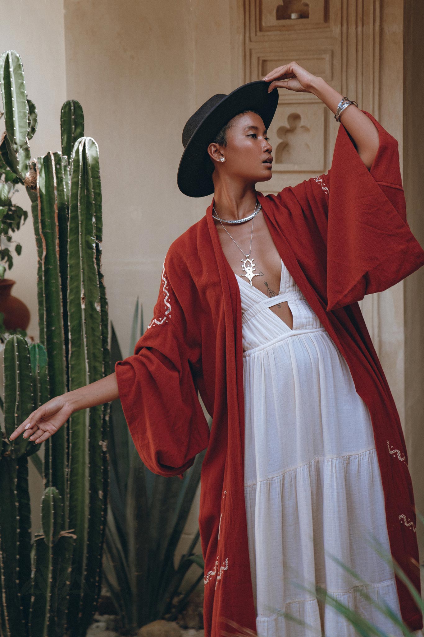 Red Organic Poncho Cape • Boho Cardigan Women • Cotton Kimono Cover Up - AYA Sacred Wear