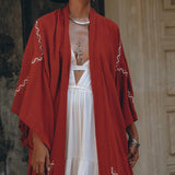 Red Organic Poncho Cape • Boho Cardigan Women • Cotton Kimono Cover Up - AYA Sacred Wear