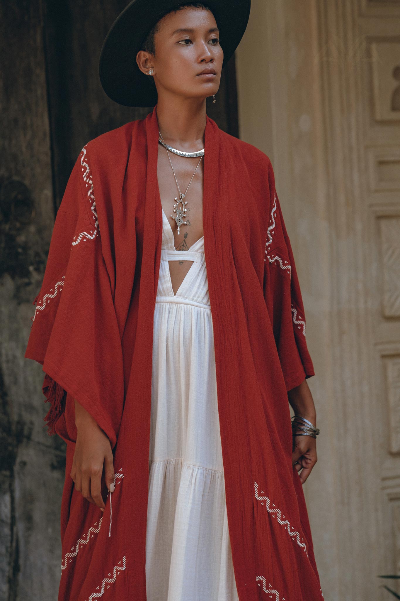 Red Organic Poncho Cape • Boho Cardigan Women • Cotton Kimono Cover Up - AYA Sacred Wear