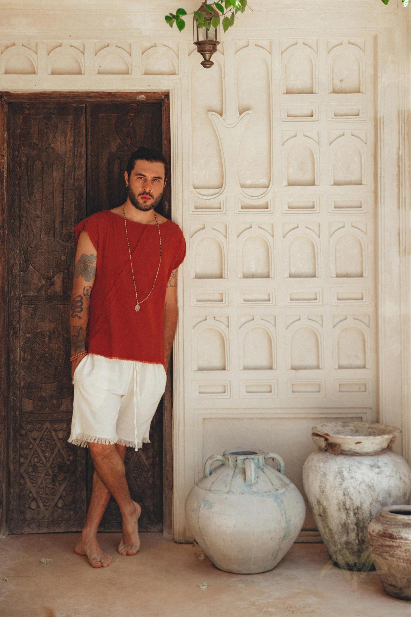 Red Raw Edge Thick Cotton Top Tee for Men - AYA Sacred Wear