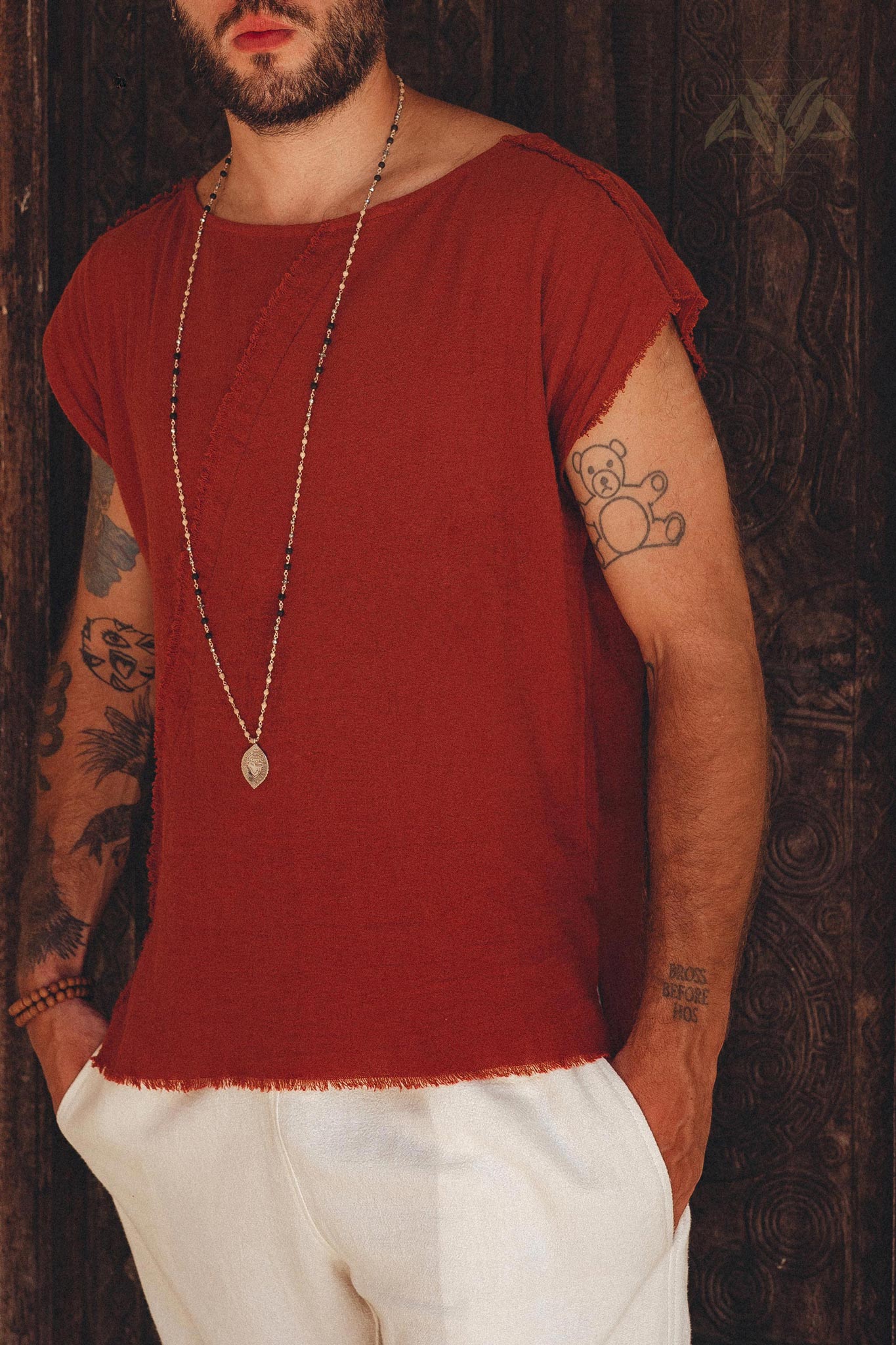 Red Raw Edge Thick Cotton Top Tee for Men - AYA Sacred Wear