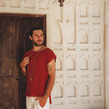 Red Raw Edge Thick Cotton Top Tee for Men - AYA Sacred Wear