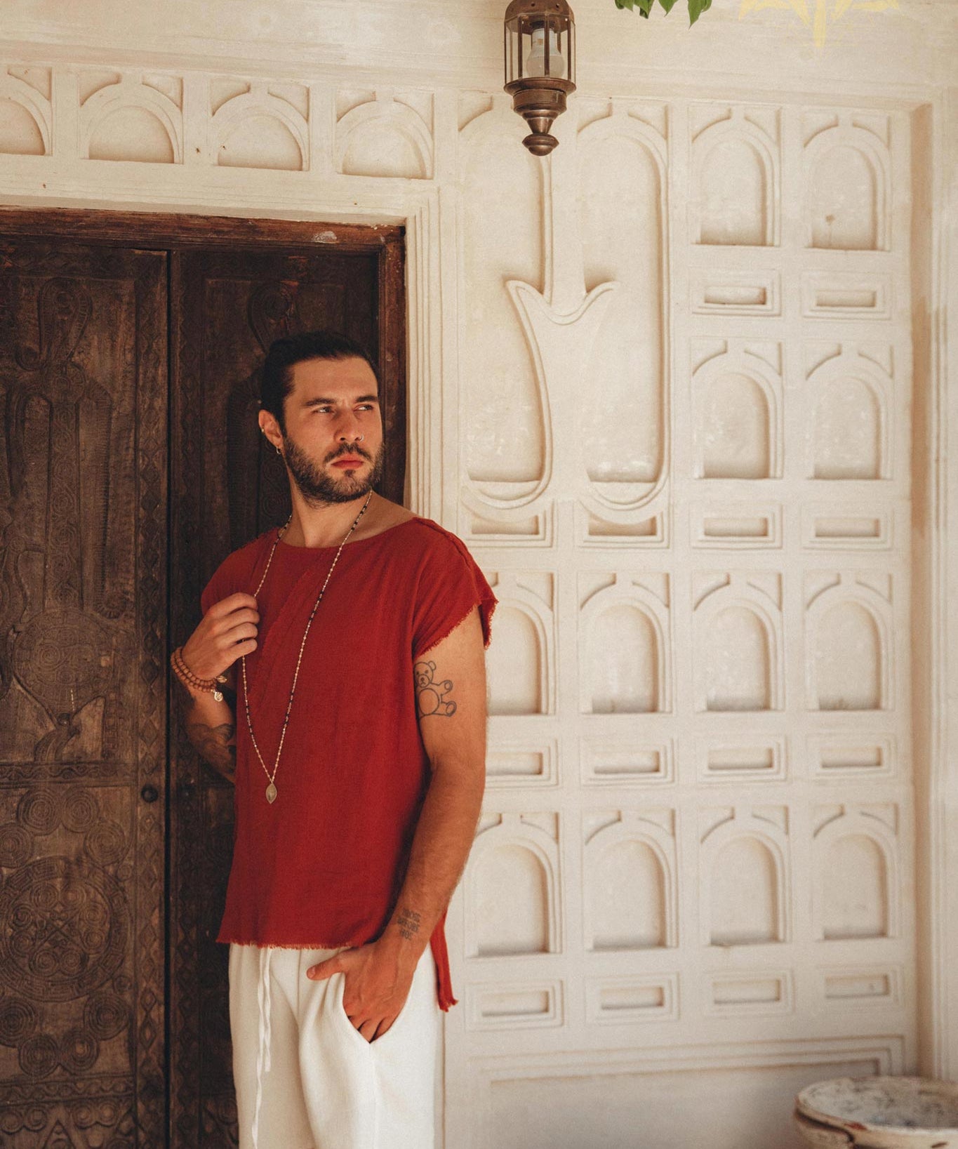 Red Raw Edge Thick Cotton Top Tee for Men - AYA Sacred Wear