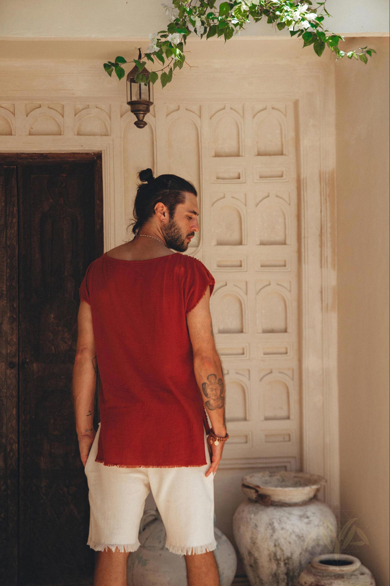 Red Raw Edge Thick Cotton Top Tee for Men - AYA Sacred Wear