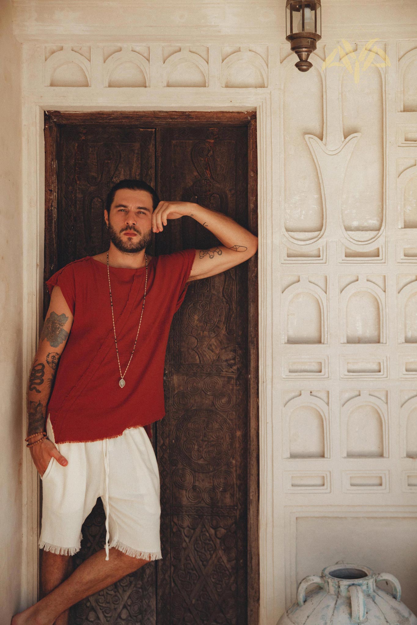Red Raw Edge Thick Cotton Top Tee for Men - AYA Sacred Wear