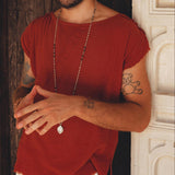 Red Raw Edge Thick Cotton Top Tee for Men - AYA Sacred Wear