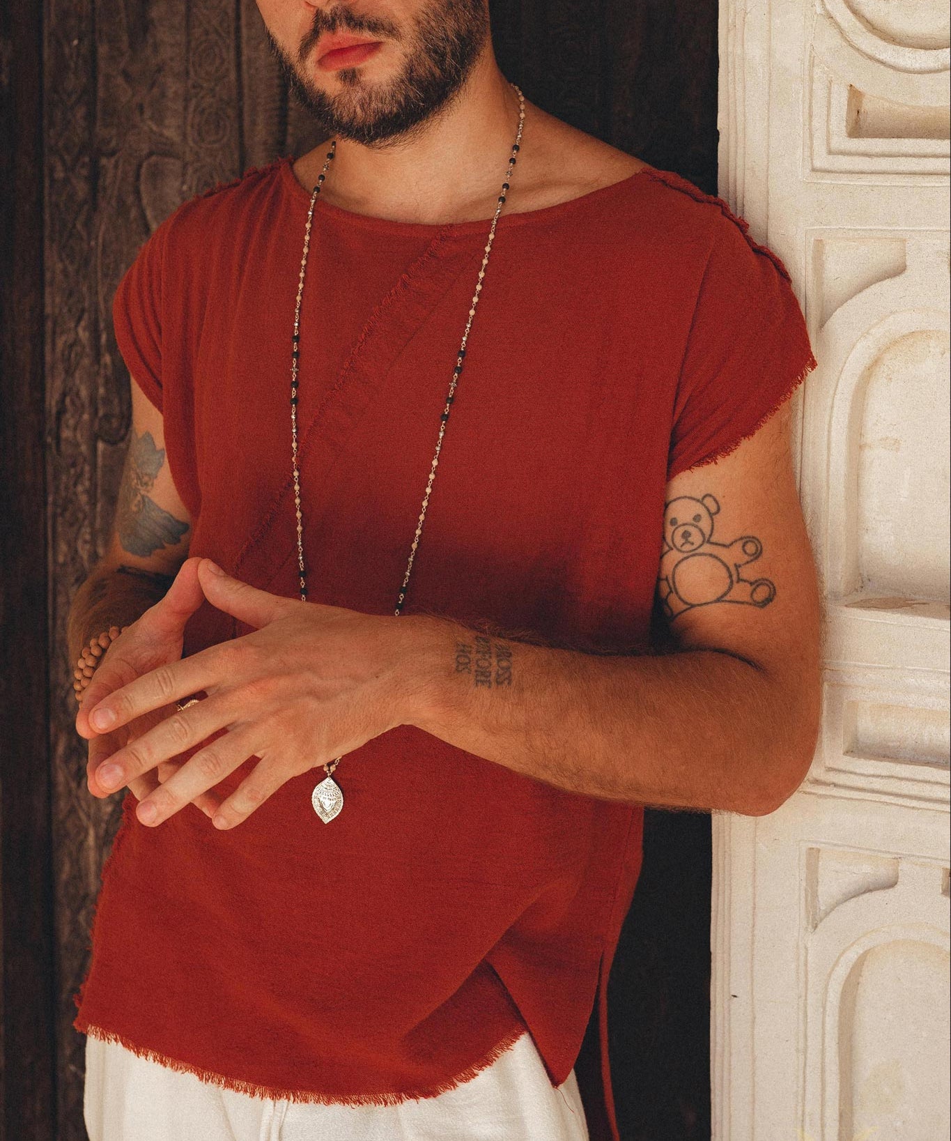 Red Raw Edge Thick Cotton Top Tee for Men - AYA Sacred Wear