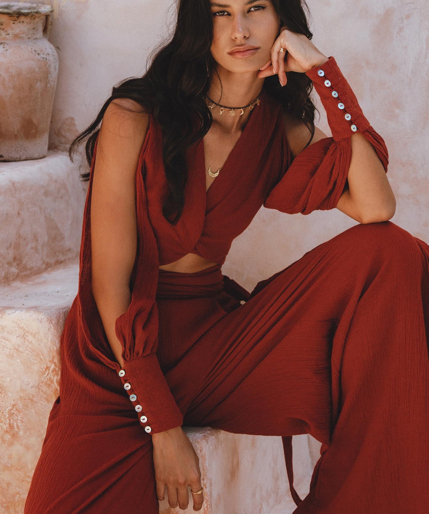 Red Rose Ambrosia Set • Adjustable Crop Top and Pants • One Set Organic Boho Top & Trousers - AYA Sacred Wear