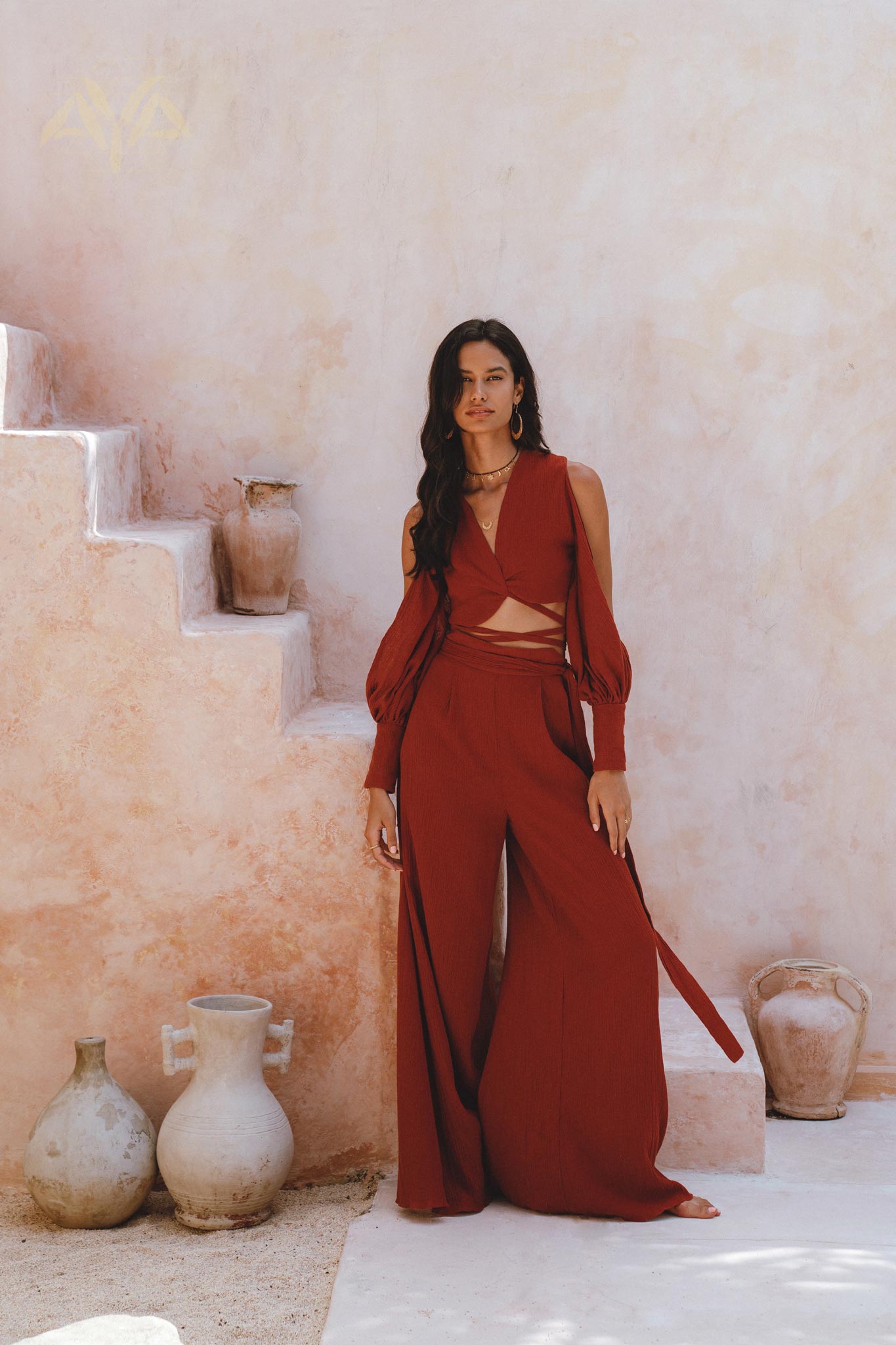 Red Rose Ambrosia Set • Adjustable Crop Top and Pants • One Set Organic Boho Top & Trousers - AYA Sacred Wear