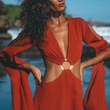 Red Rose Greek Goddess Dress • Boho Bridesmaid Dress • Bell Sleeves Dress - AYA Sacred Wear