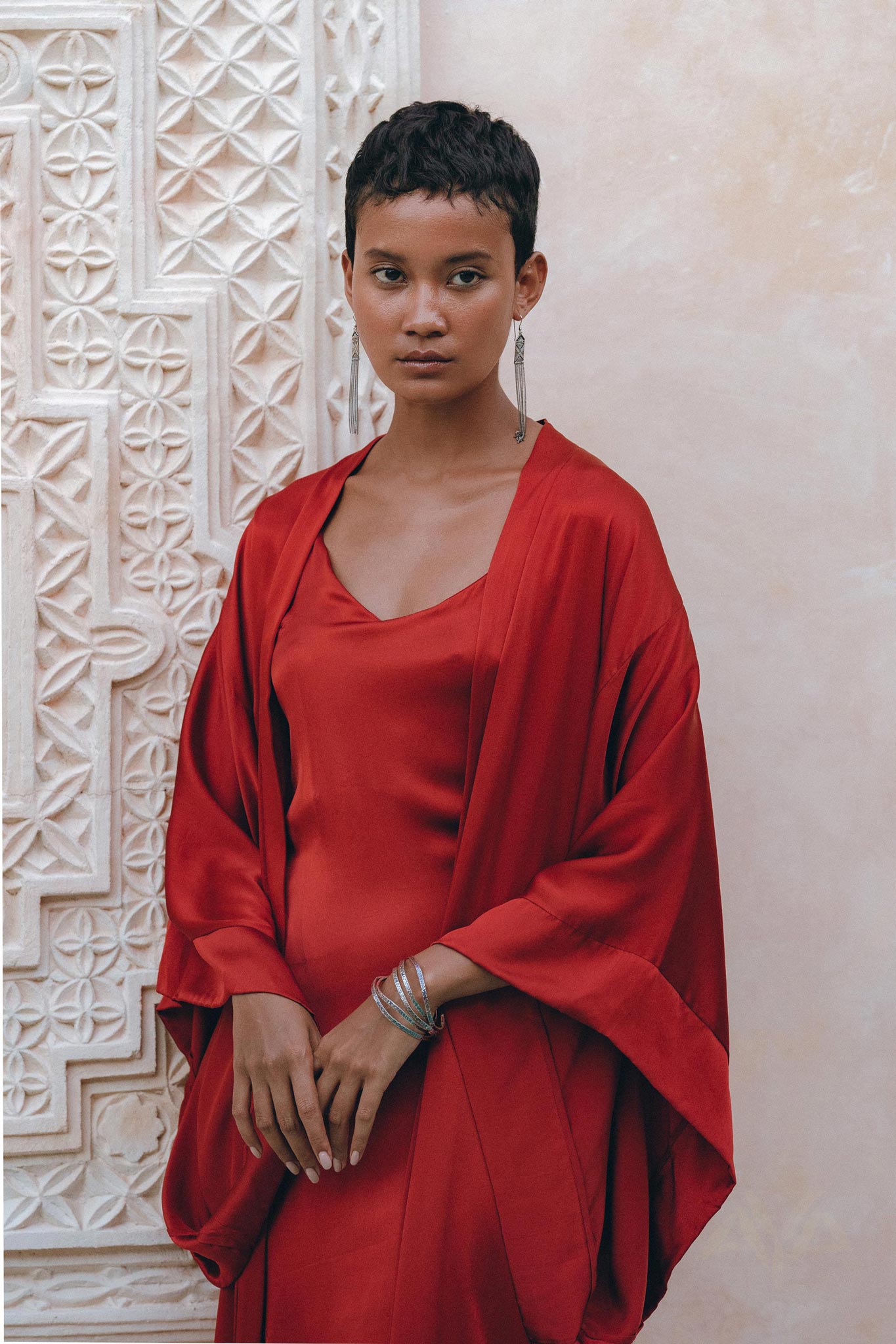 Wine Red Silk Boho Kimono Cover, Wide Sleeve Bohemian Kaftan Cardigan - AYA Sacred Wear