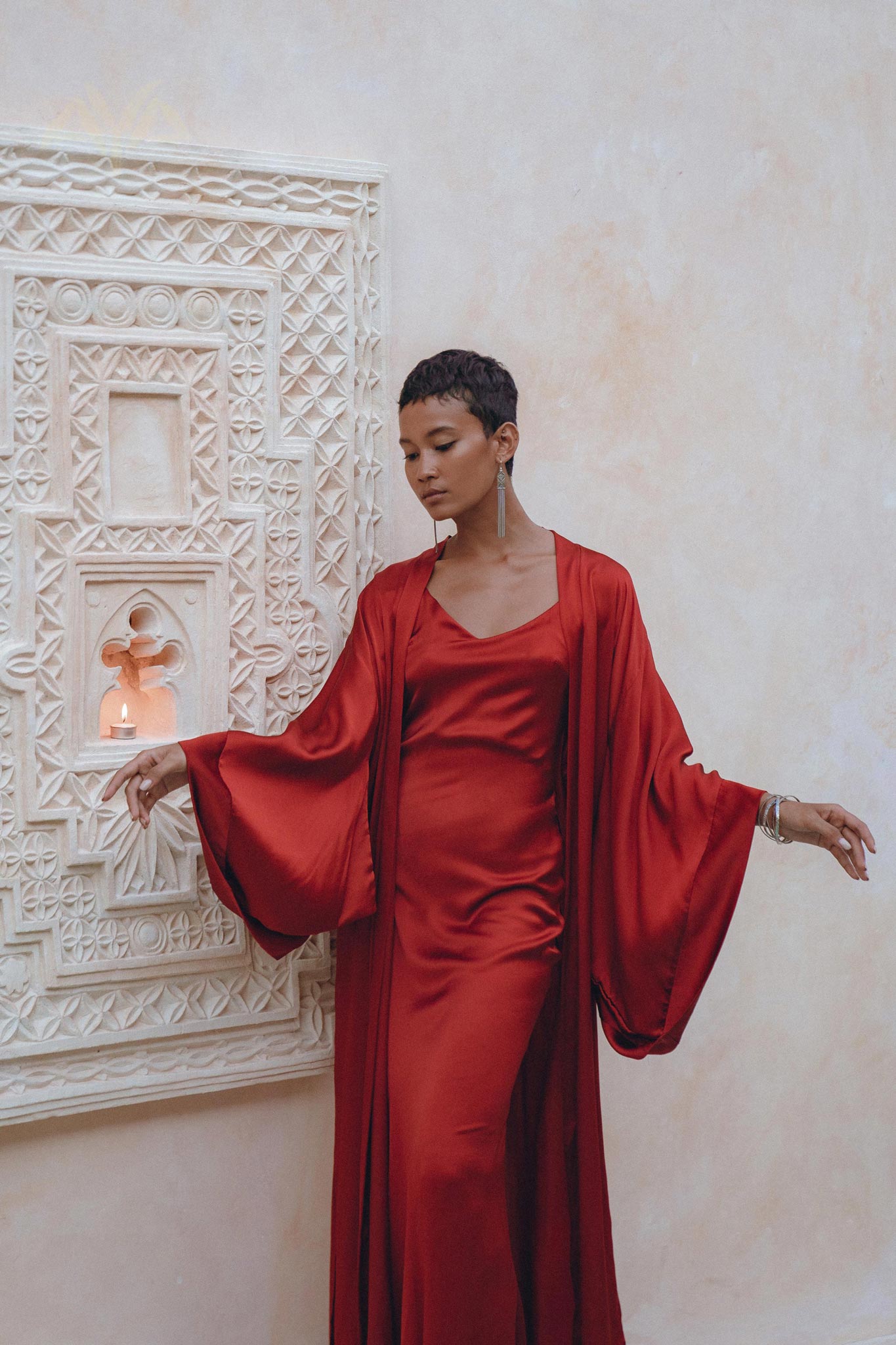 Wine Red Silk Boho Kimono Cover, Wide Sleeve Bohemian Kaftan Cardigan - AYA Sacred Wear