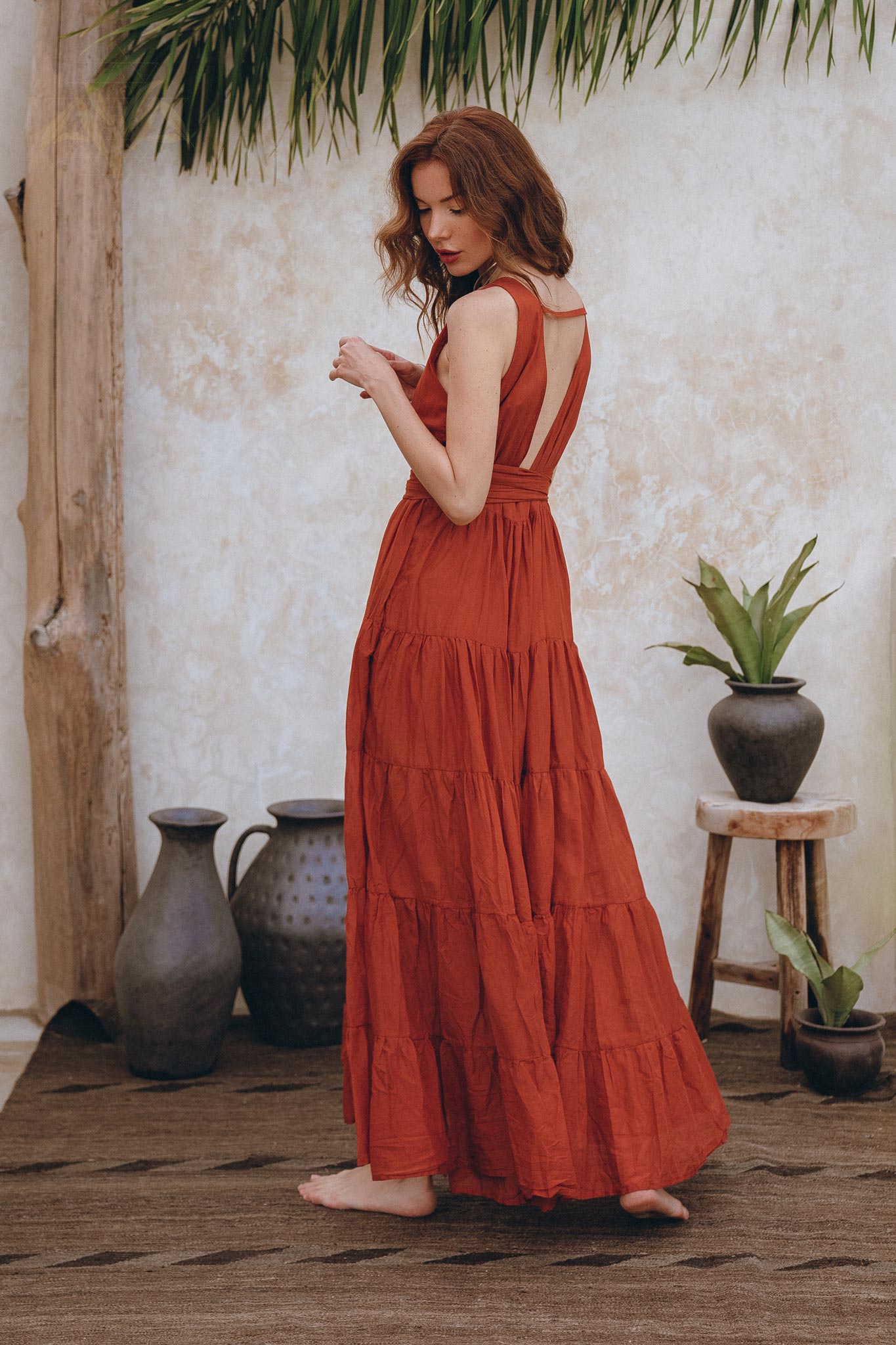 Boho Bridesmaid Dress, Boho Belted Dress, Red Maxi Adjustable Dress - AYA Sacred Wear