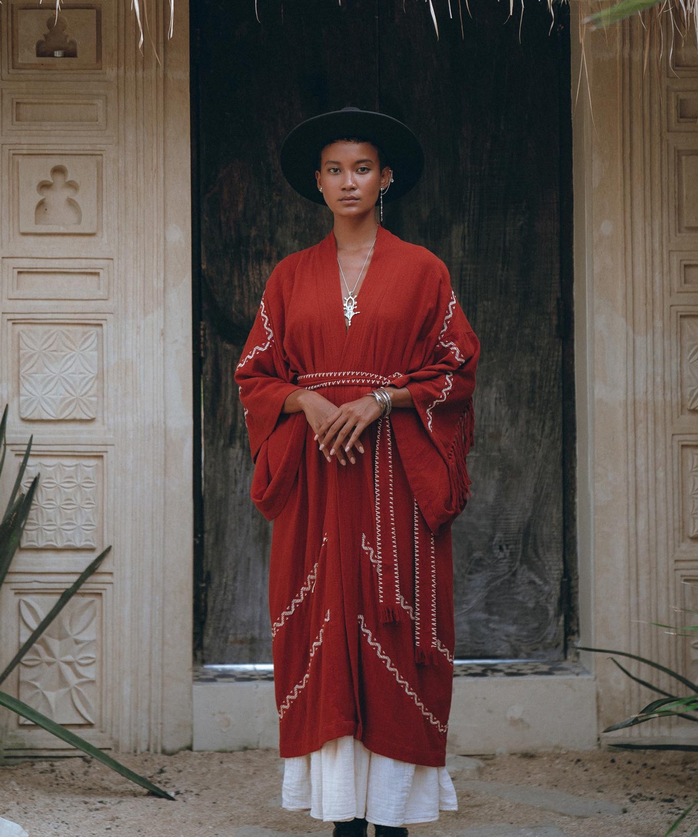 Red Organic Poncho Cape, Boho Cardigan Women, Cotton Kimono Cover Up - AYA Sacred Wear