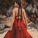 Make a statement in this one-of-a-kind red bohemian prom dress
