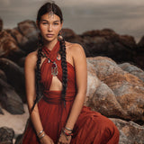 A beautiful and unique red bohemian prom dress perfect for any special occasion