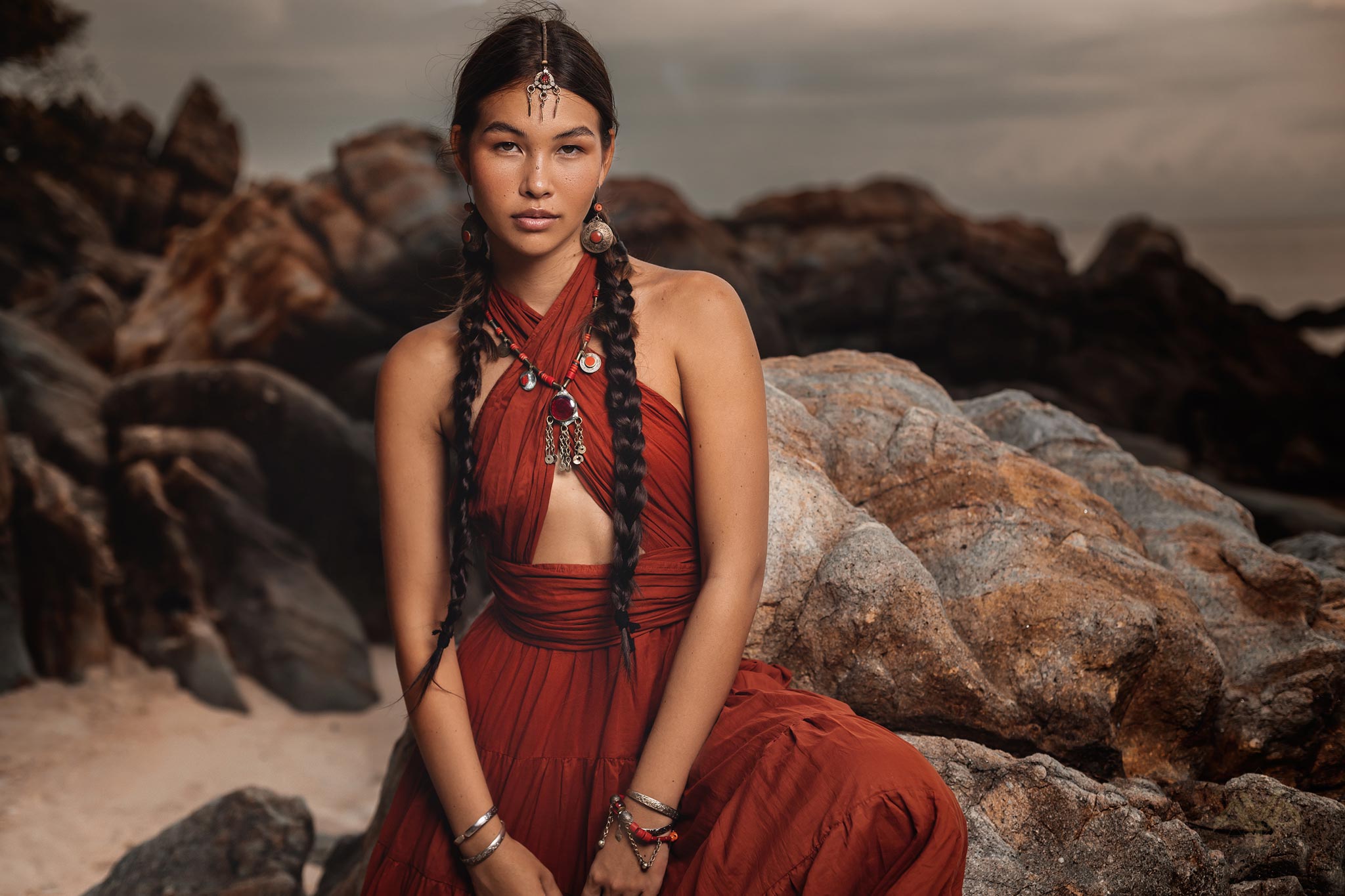 A beautiful and unique red bohemian prom dress perfect for any special occasion