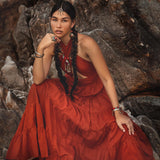 Make a statement in this unforgettable red bohemian prom dress