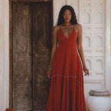 Red Wine Goddess Dress with Bohemian Jingle Bells: Hear the soft sound of bells as you walk, a symbol inspired by Indian woman culture to attract goodness.