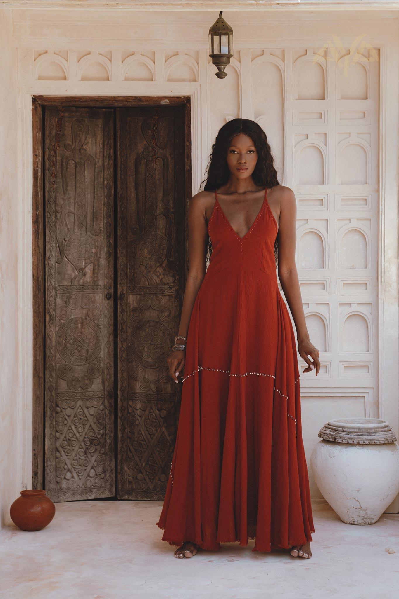 Red Wine Goddess Dress with Bohemian Jingle Bells: Hear the soft sound of bells as you walk, a symbol inspired by Indian woman culture to attract goodness.