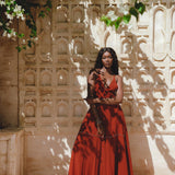 Red Wine Goddess Summer Dress: Open shoulder design, decorated with hand-embroidered bust and bells, inspired by the belief in attracting all that is good.