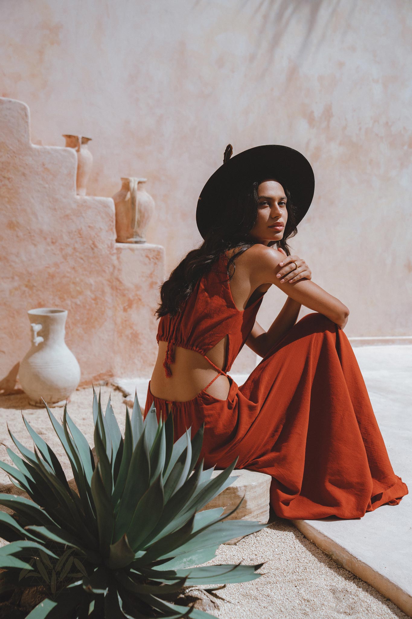 Women's Open Waistline Dress - Feel like a goddess in this red wine-hued maxi dress that embodies bohemian elegance.