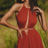Maxi Dress with Adjustable Laces - This enchanting red wine dress enthralls with its open back and boho vibes.