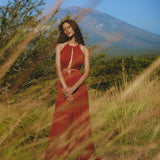 Graceful Open Back Dress - Experience the allure of this red wine maxi dress, featuring adjustable lace accents.