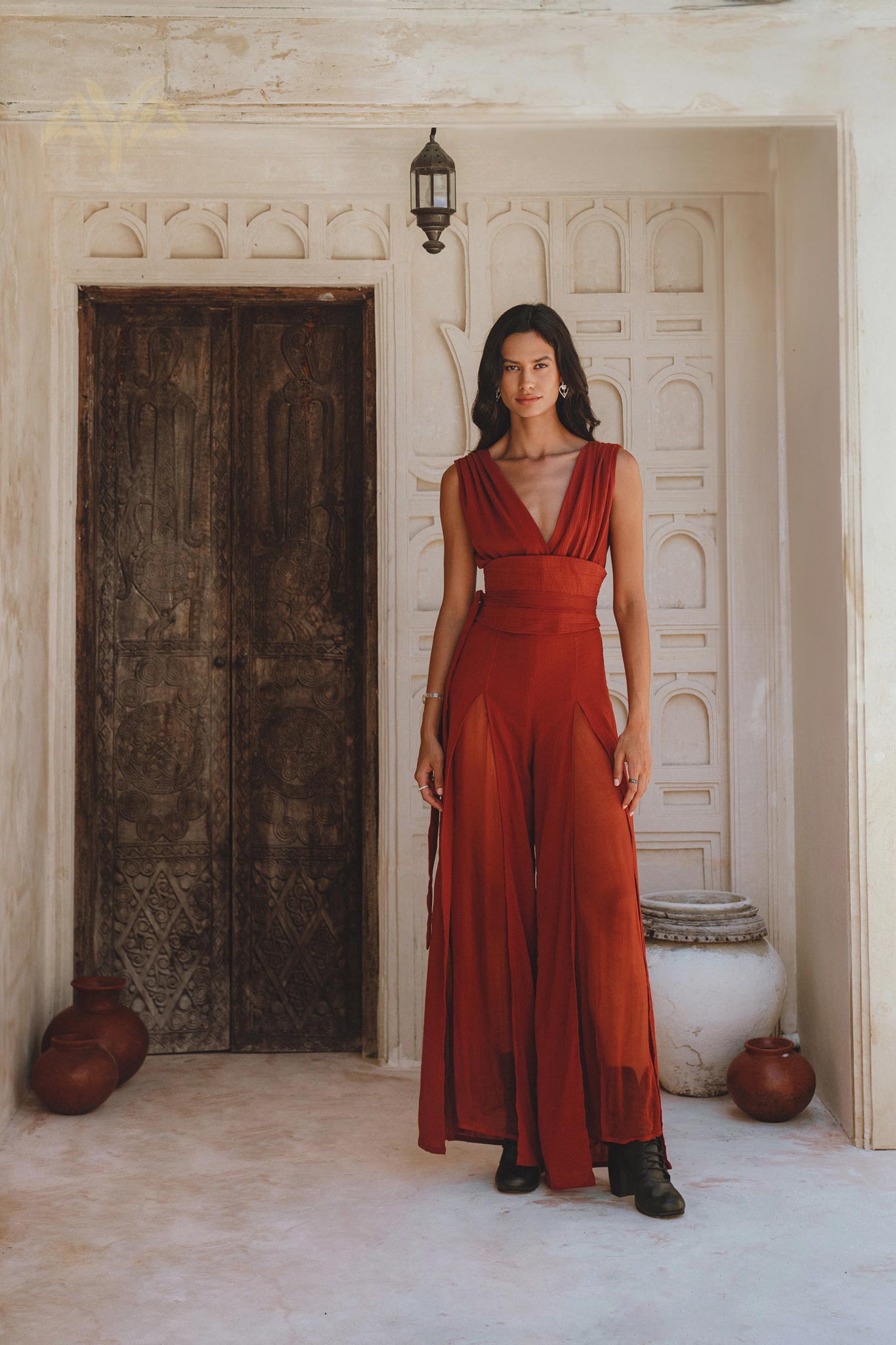 Red Wine Goddess Jumpsuit: A blend of organic cotton & natural silk for an elegant silhouette. Perfect for formal events or romantic dates.