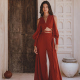 Boho Red Wine Set Crop Top & Pants, Open Shoulders, Decorated with Seashell Buttons, Made from 70% Linen and 30% Cotton.