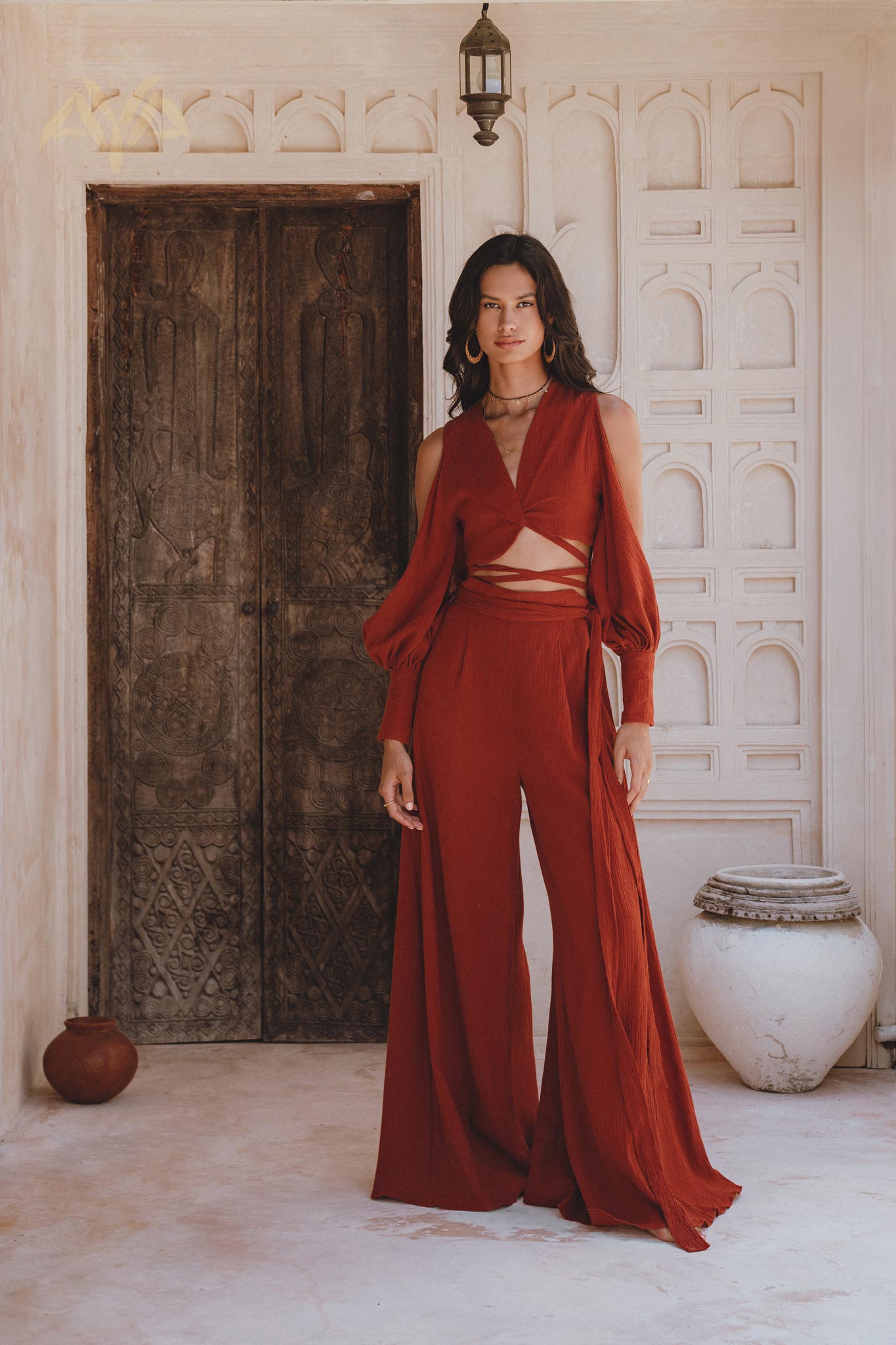 Boho Red Wine Set Crop Top & Pants, Open Shoulders, Decorated with Seashell Buttons, Made from 70% Linen and 30% Cotton.