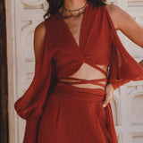 Organic Women's Bohemian Set with Chiffon Silk Lining; Comfortable Palazzo-styled Pants & Open Sleeve Top.