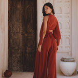 100% Sustainable Red Wine Crop Top & Wide Pants Set with Adjustable Features, Botanically Dyed Organic Fabric