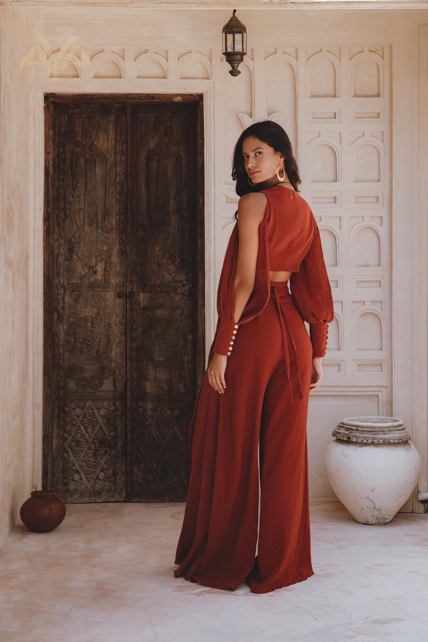 100% Sustainable Red Wine Crop Top & Wide Pants Set with Adjustable Features, Botanically Dyed Organic Fabric