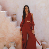 Eco-friendly Boho Top and Trousers Set for Women; Natural Silk Lining, Dyed with Organic Botanicals