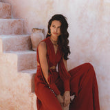 Boho Chic Red Wine Set with Open Sleeves and Seashell Buttons; Palazzo Pants, 70% Linen, 30% Cotton.