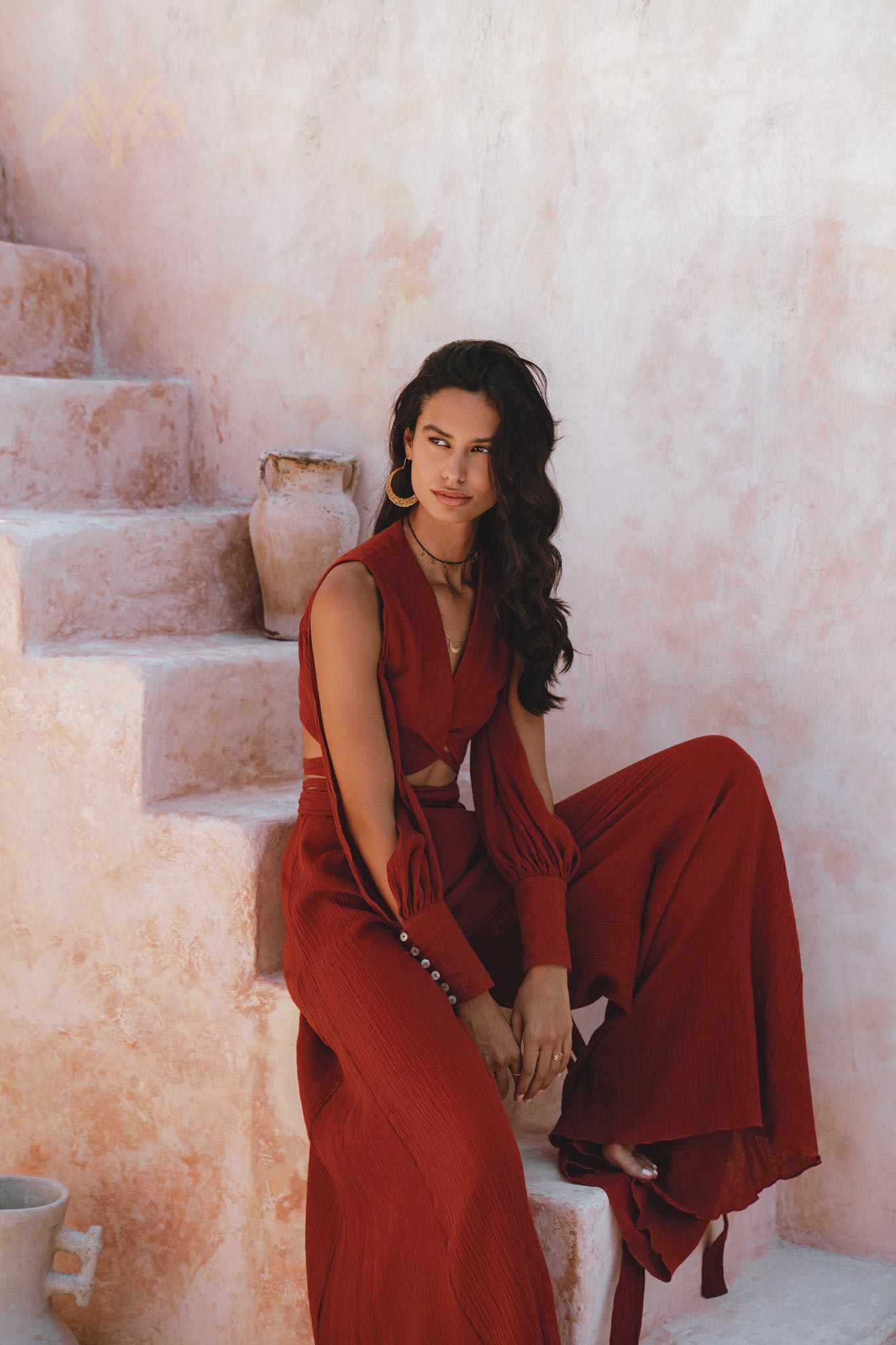 Boho Chic Red Wine Set with Open Sleeves and Seashell Buttons; Palazzo Pants, 70% Linen, 30% Cotton.